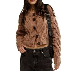 Free People Chunky Knit Cardigan Cable Cropped Brown Size XL NWT